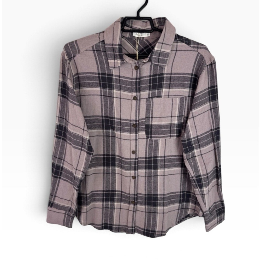 Active USA Women's S Button Up Flannel Shirt LS Purple Plaid 100% Cotton NEW